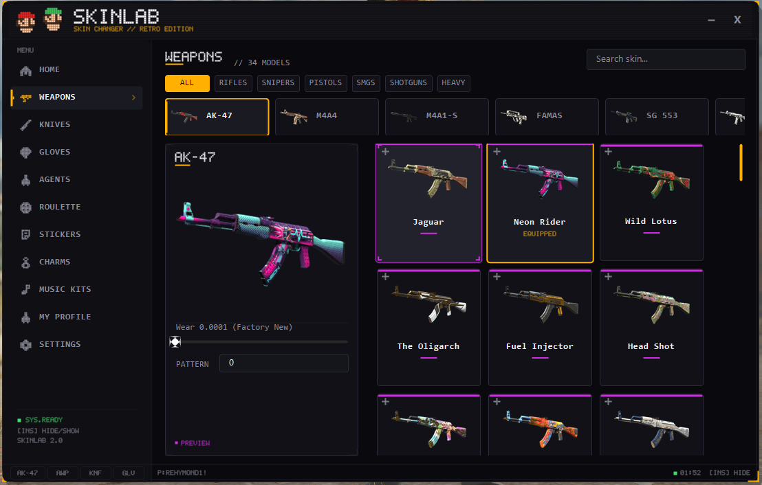 Interfaz real de SkinLab mostrando la selección de skins de armas